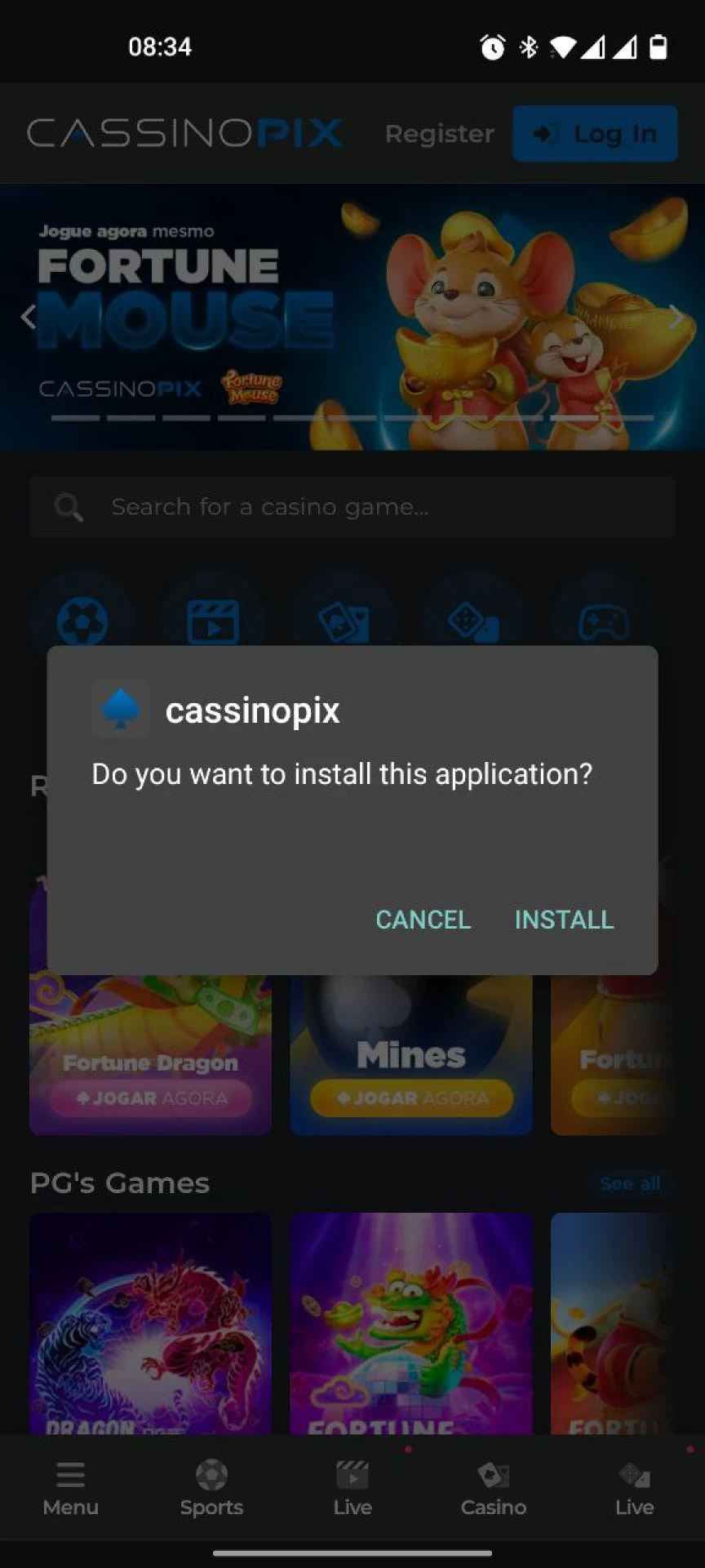 Install the Cassino Pix application for Android.