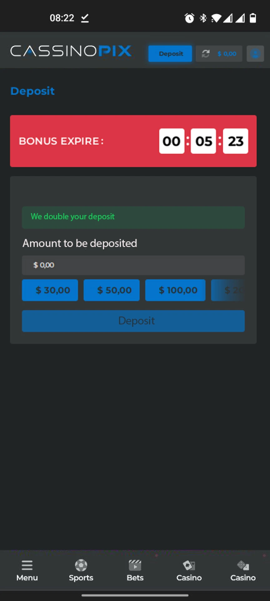 Complete the deposit replenishment window on Cassino Pix.