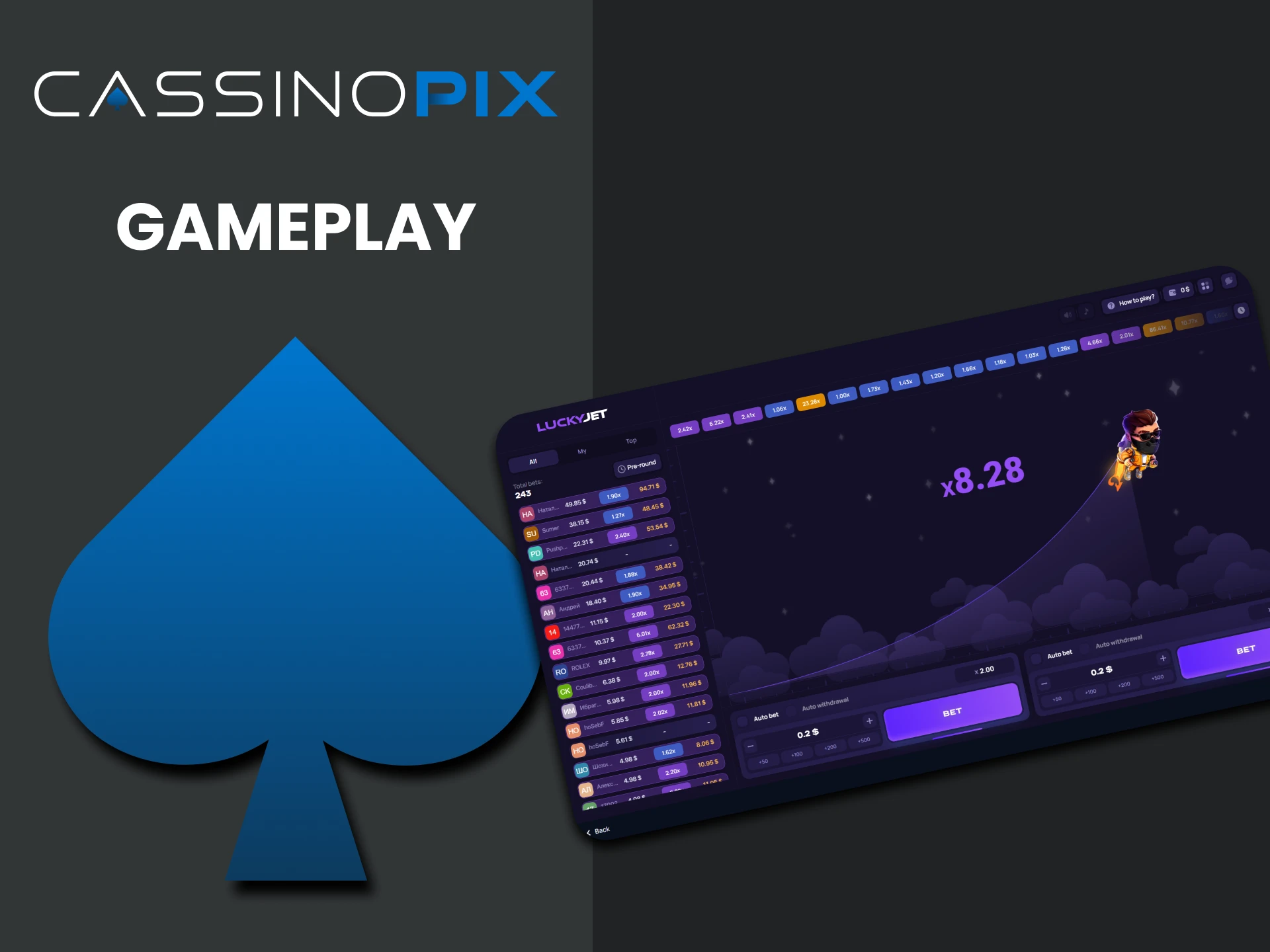 We will tell you how the process of playing Lucky Jet on Cassino Pix works.