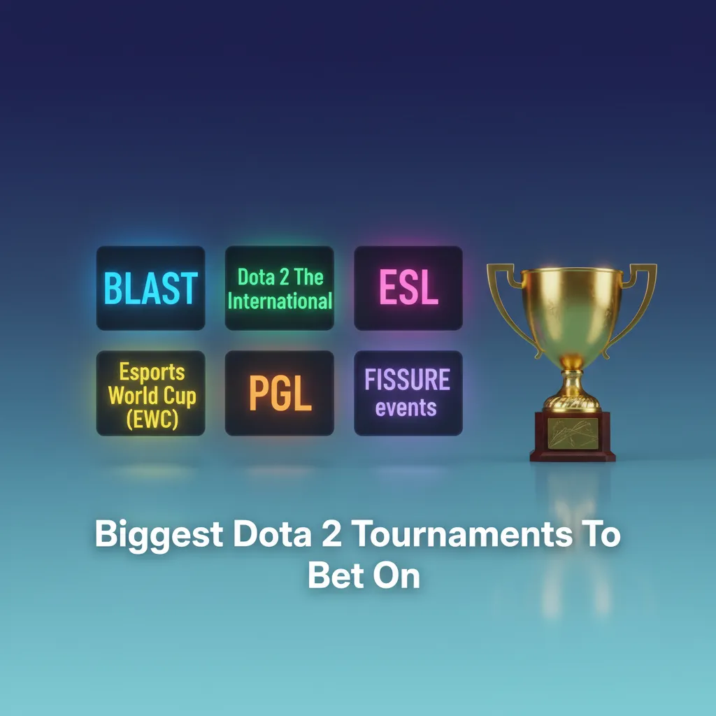 Graphic listing major Dota 2 tournaments to bet on: TI, BLAST, ESL, Esports World Cup, PGL, and FISSURE events.