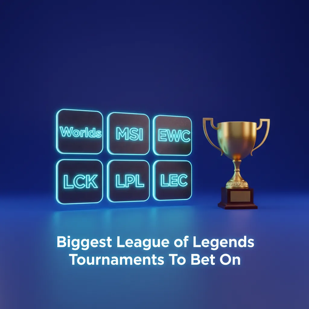 Infographic of top LoL tournaments to bet on: Worlds, MSI, EWC, plus regional leagues LCK, LPL, and LEC.