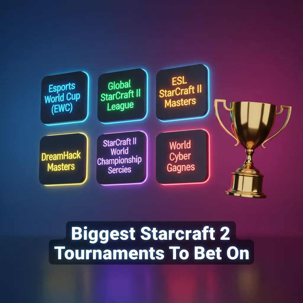 Graphic highlighting major StarCraft II tournaments to bet on, incl. EWC, GSL, ESL Masters, IEM Katowice, with brackets.